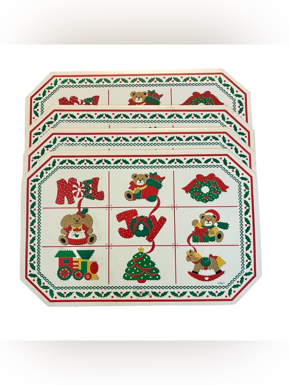Set of 4 Vintage B &D Christmas Vinyl Placemats 17.75" x 11.75" Train Holly